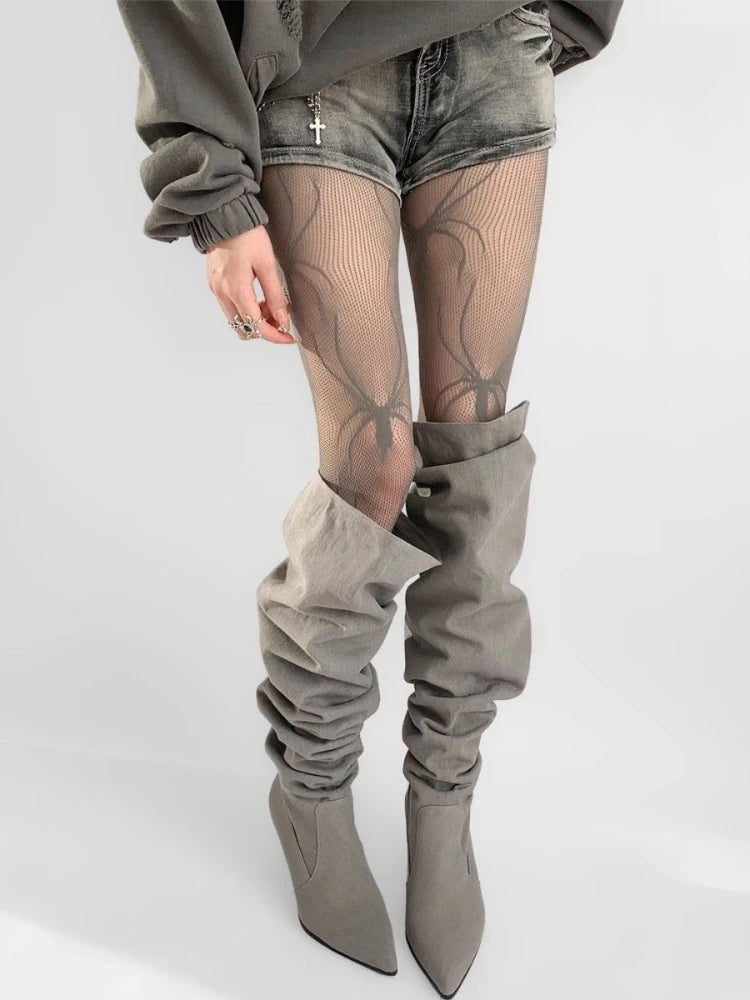 Grey Nylon Spider Pattern Fishnet Tights - 3