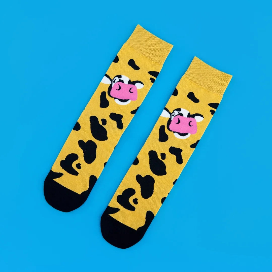 Cotton Blend Disco Cow Pattern Crew Socks - 10