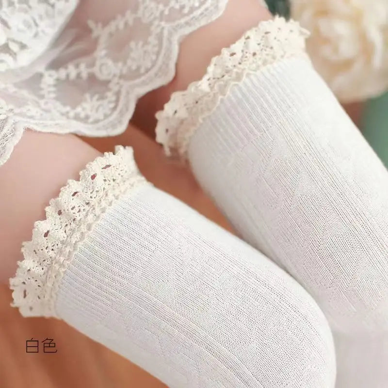 Polyester Elastane Lace Trim Over Knee Lolita Socks