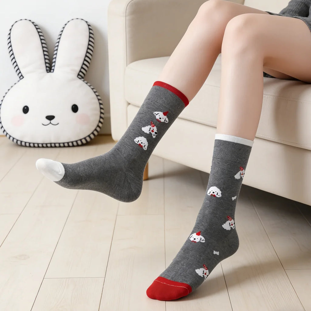 Cotton Blend Puppy Print Mid Calf Socks