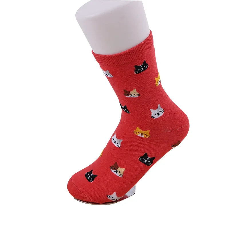 5 Pairs Women Cotton Cat Print Mid Tube Casual Socks