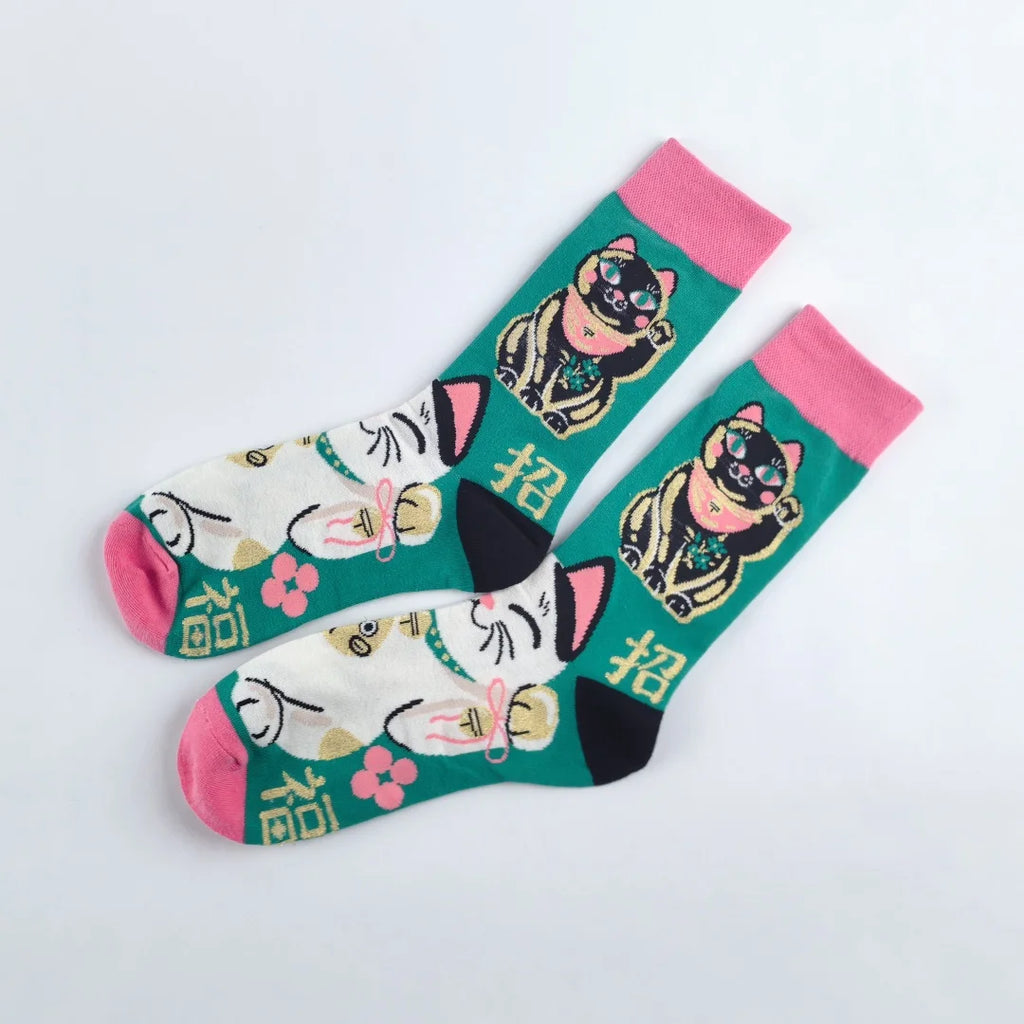 Lucky Cat Cotton Crew Socks Unisex Mid Calf Casual Hosiery