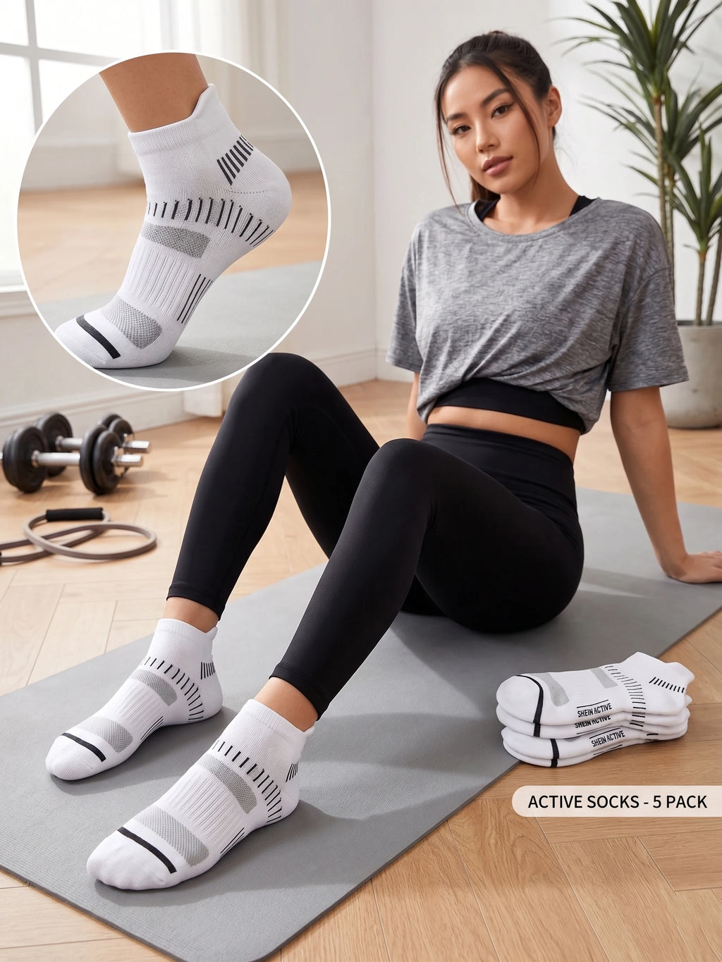 5 Pairs Polyester Elastane Knit Ankle Crew Socks