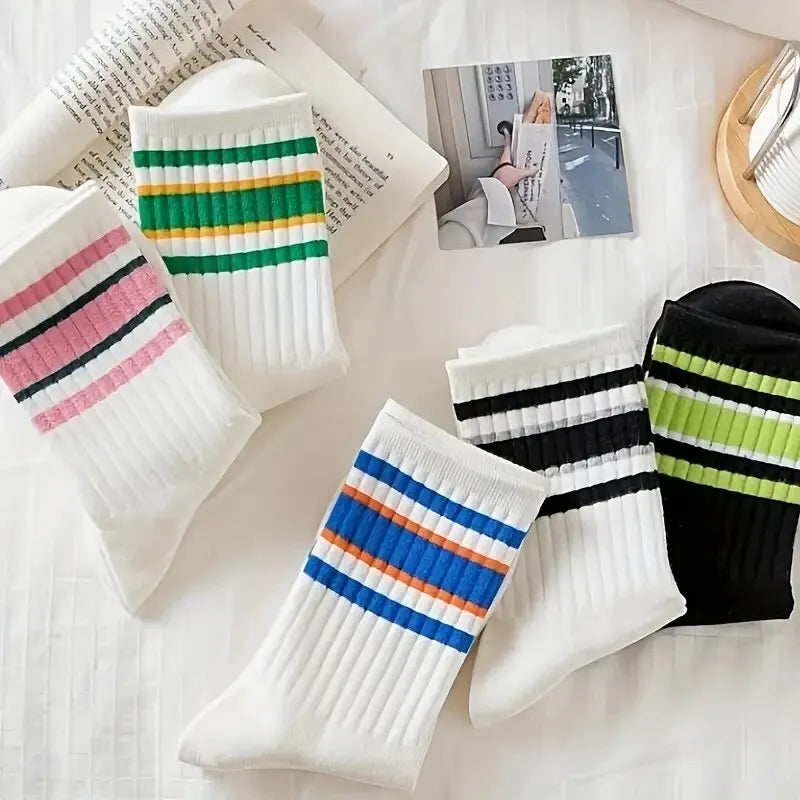 Striped Polyester Cotton Blend Casual Crew Socks - 13