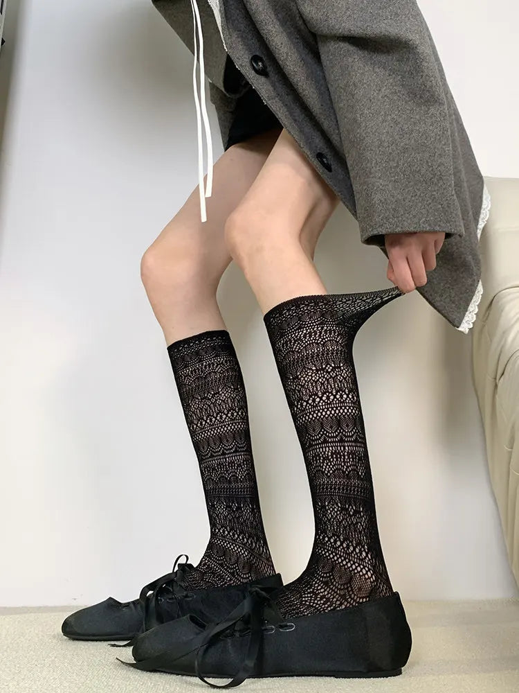 Floral Mesh Polyester Mid Tube Socks