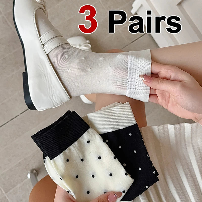 Polyester Elastane Polka Dot Mid Tube Casual Socks 3 Pairs - 1