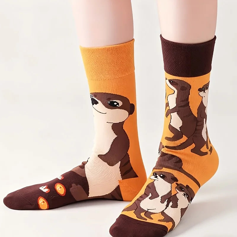 Cotton Blend Otter Print Casual Mid Calf Socks
