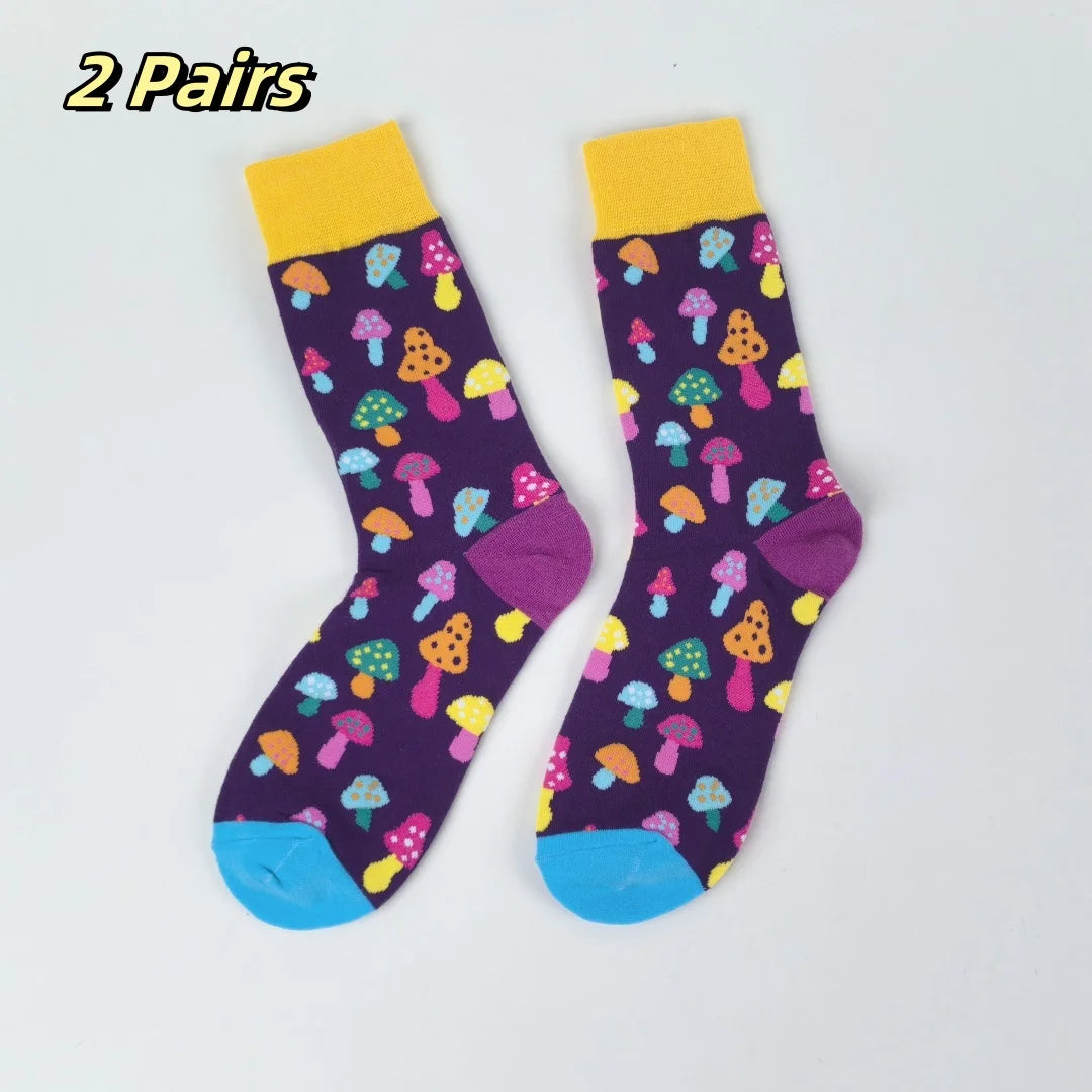 Cotton Mushroom Print Mid Calf Casual Socks - 7
