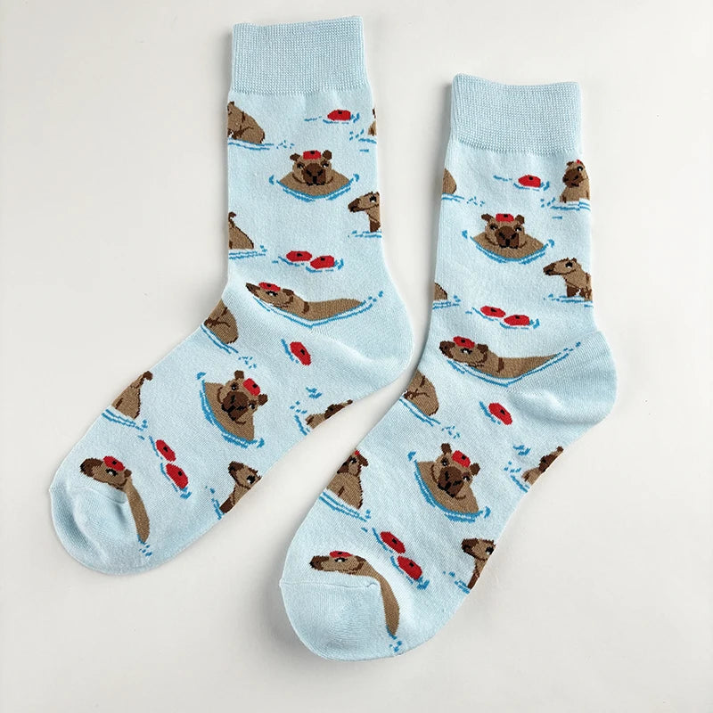 Cotton Blend Capybara Pattern Mid Calf Socks - 3