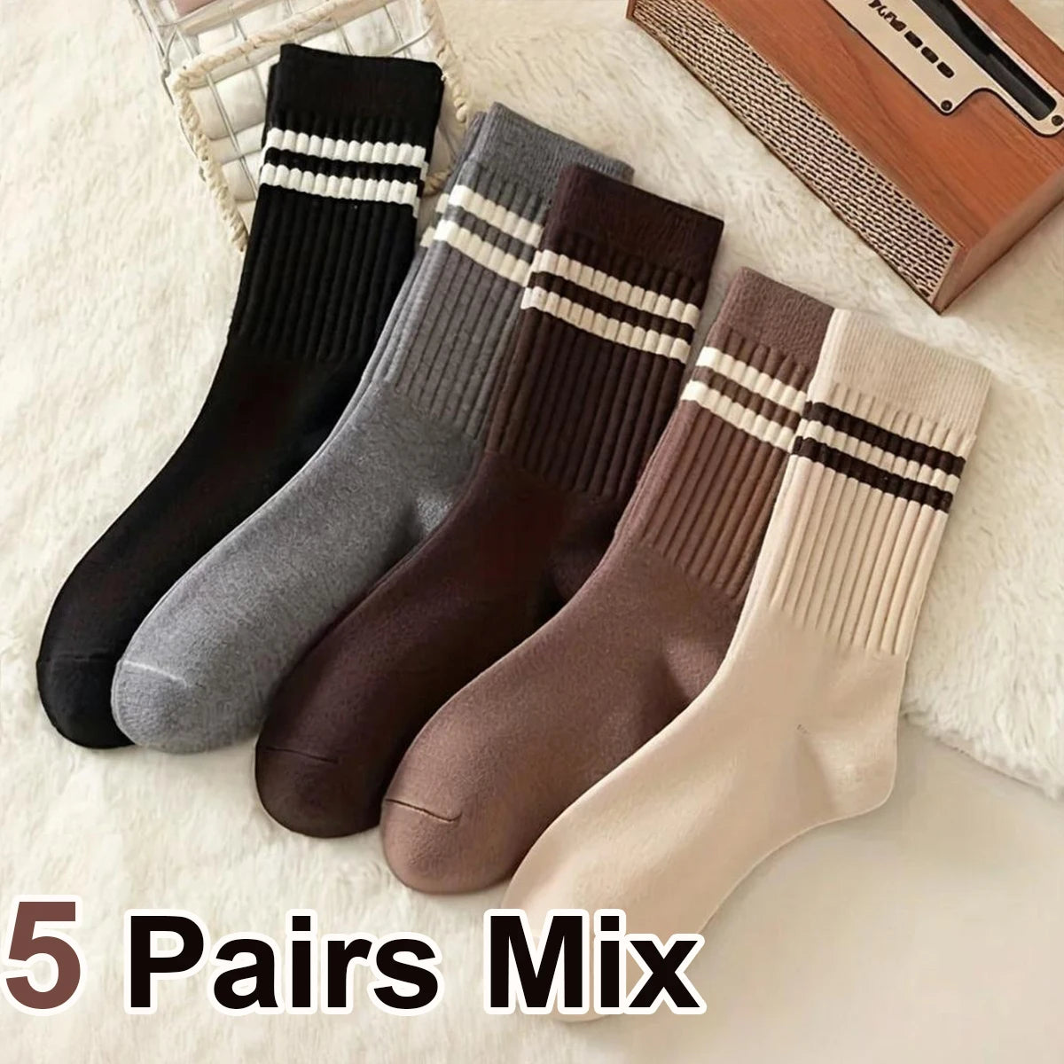 Polyester Elastane Striped Mid Tube Casual Socks - 12