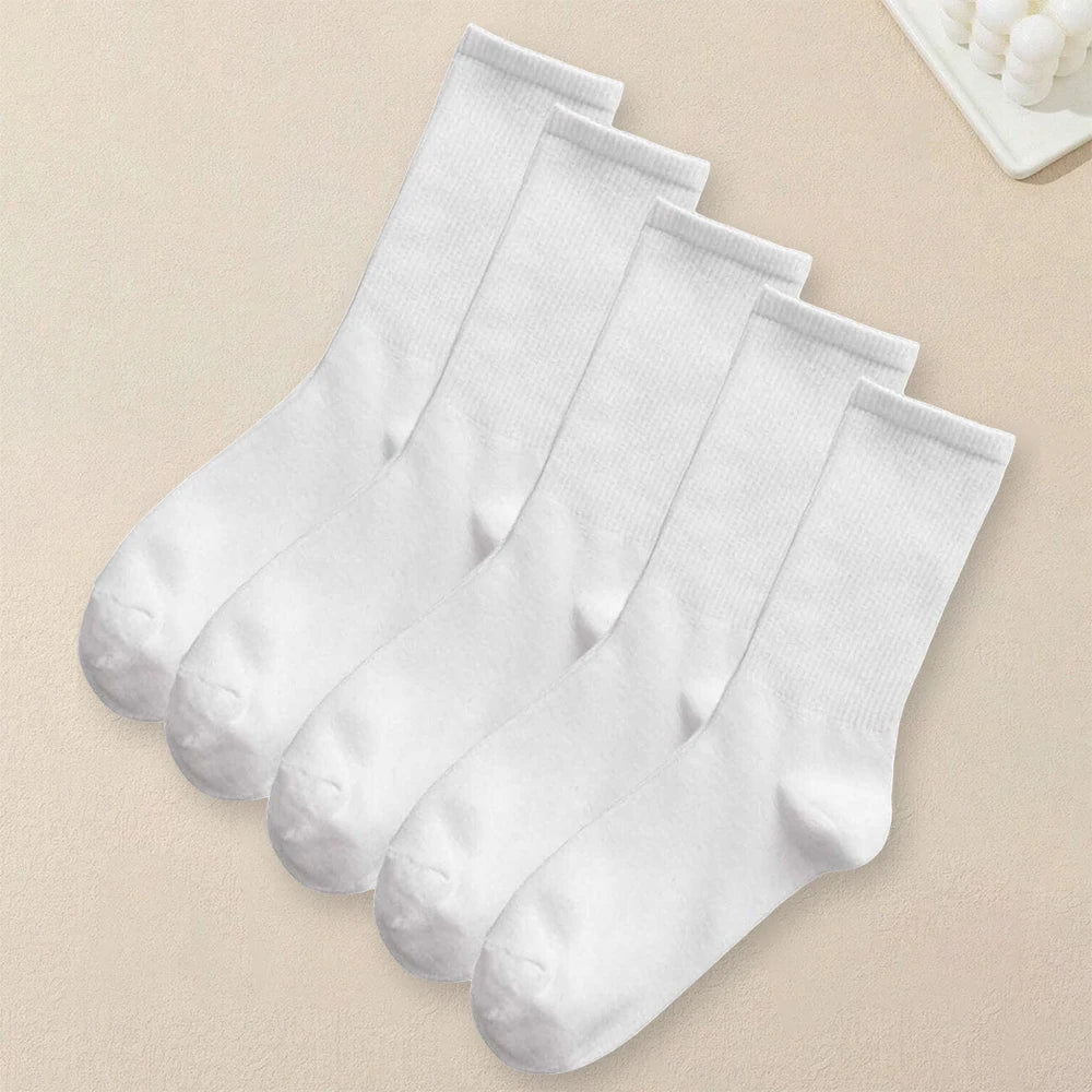 5 Pairs Polyester Spandex Solid Color Casual Crew Socks