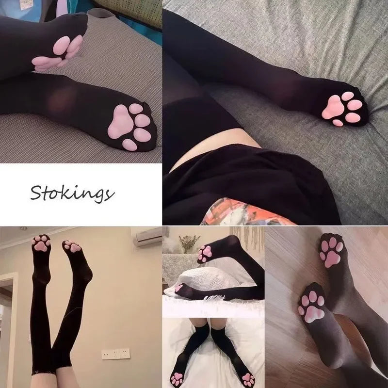 Polyester Nylon Thigh High Cat Paw Stockings