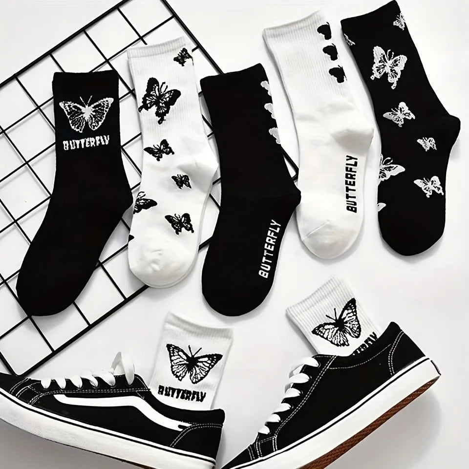 Butterfly Pattern Mid Length Polyester Elastane Socks Set