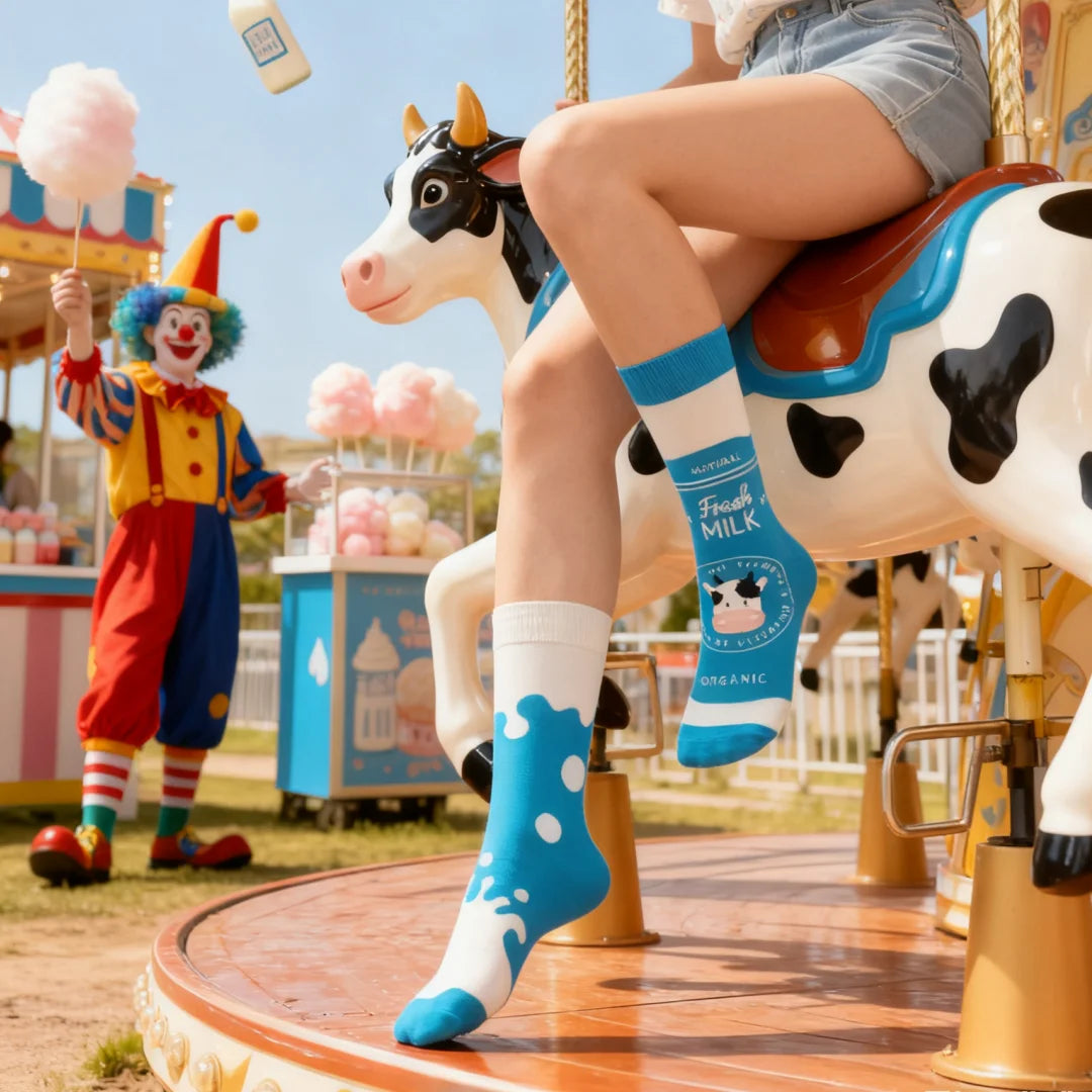Cotton Blend Milk Carton Print Mid Calf Socks