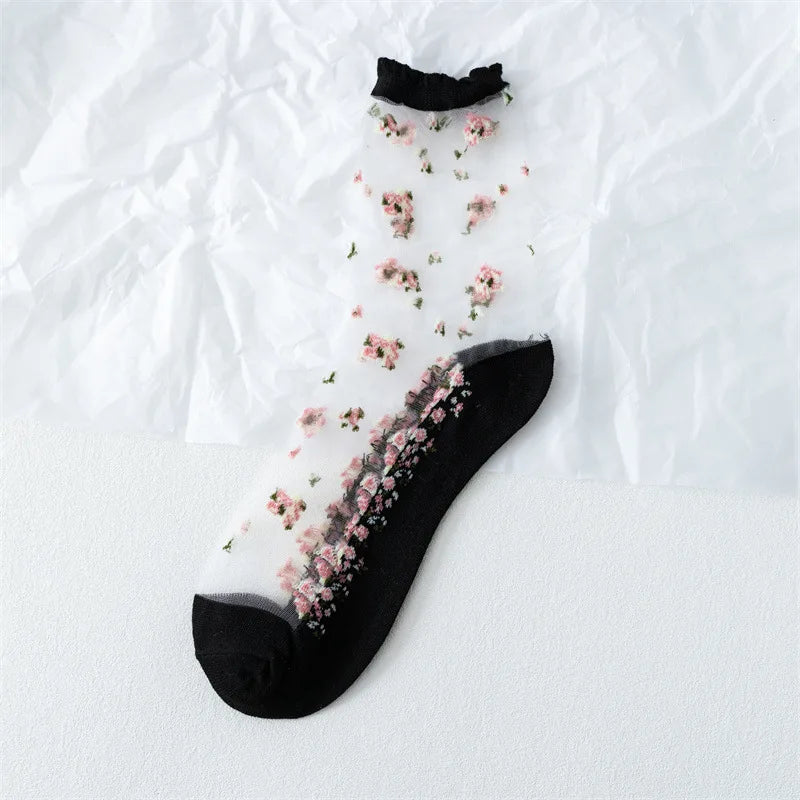 Polyester Elastane Floral Ruffle Crew Socks