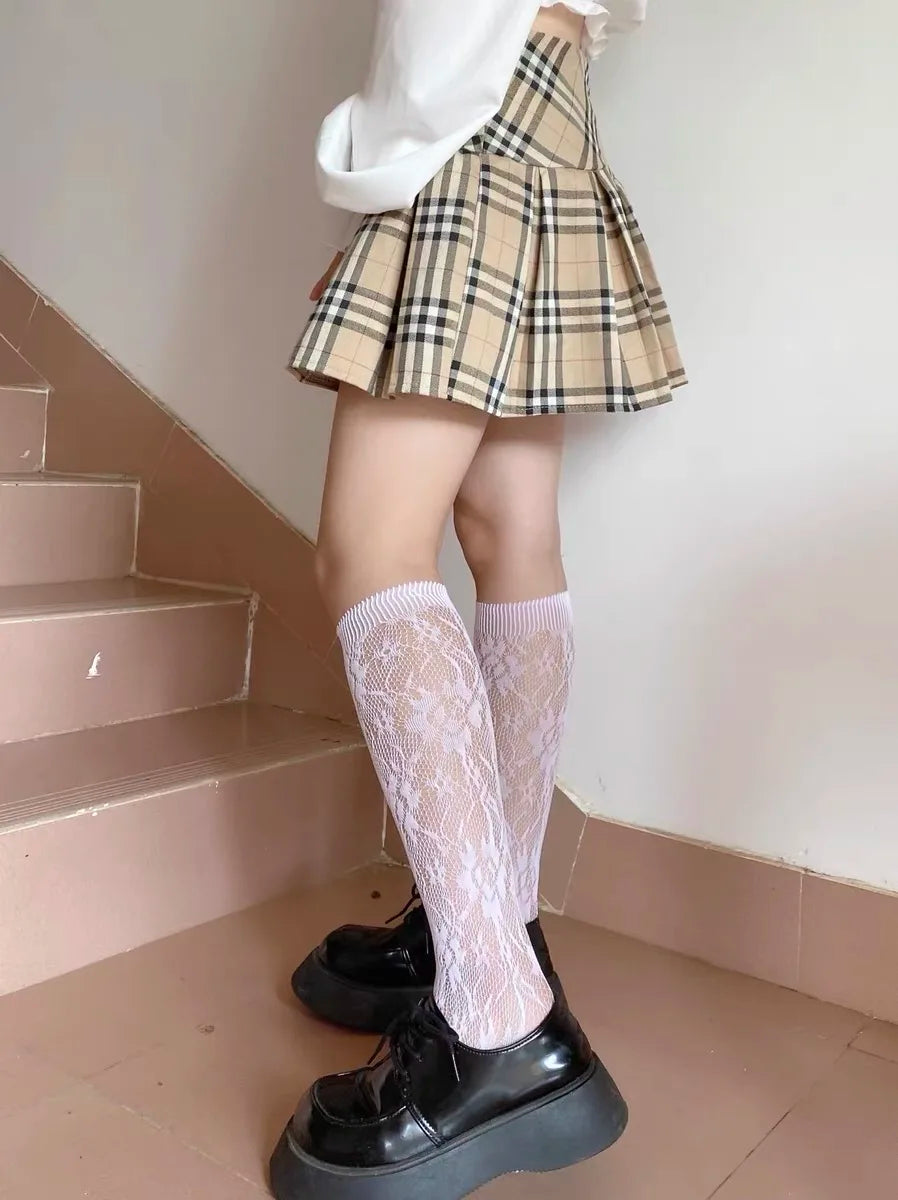 Floral Lace Calf Socks Women Nylon Knit Hosiery