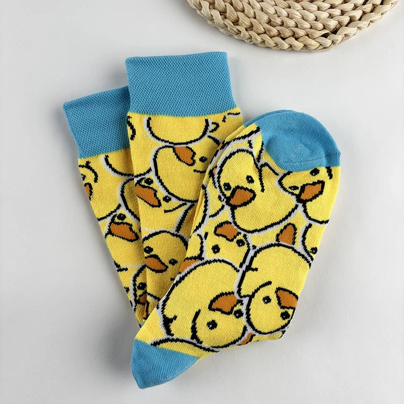 Yellow Duck Print Polyester Elastane Crew Socks