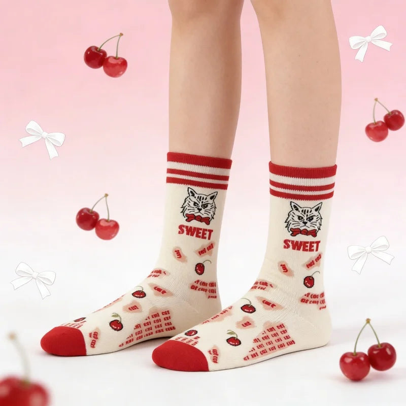 Cotton Blend Cat and Cherry Print Mid Calf Socks