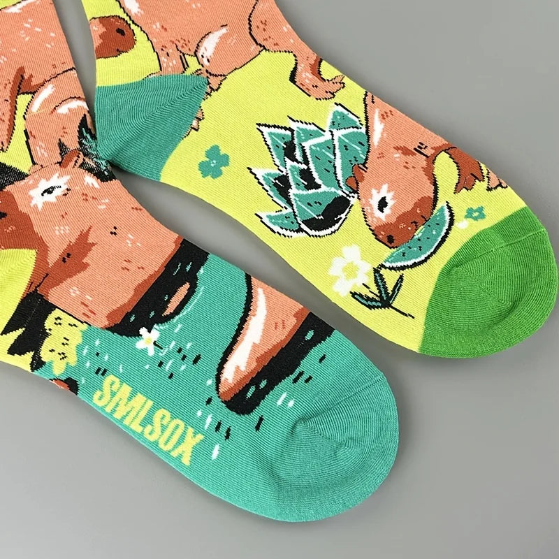 Cotton Blend Capybara Print Casual Mid Calf Socks