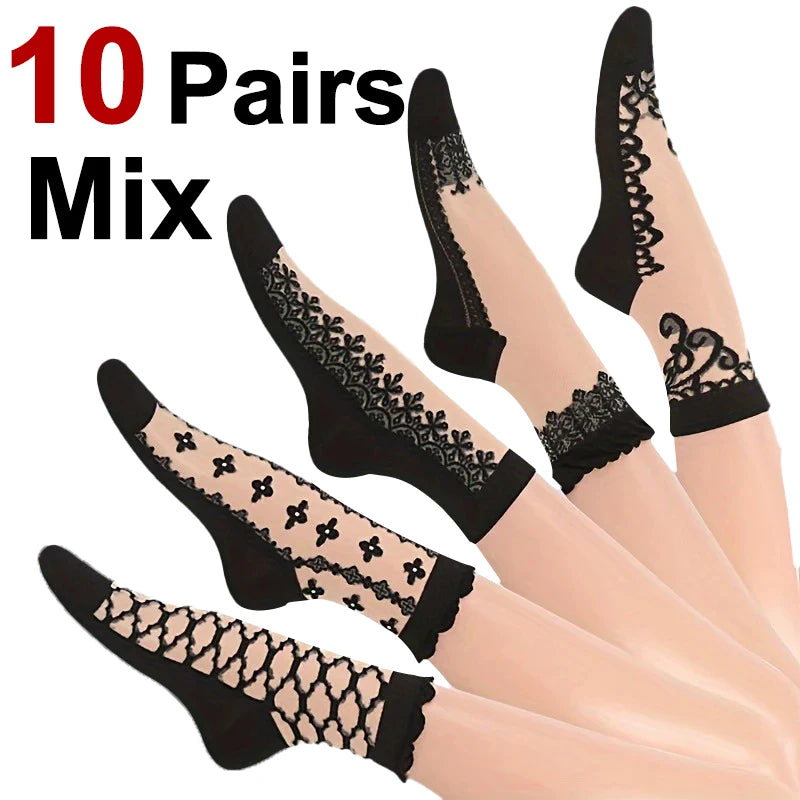 Polyester Elastane Lace Pattern Mid Tube Socks