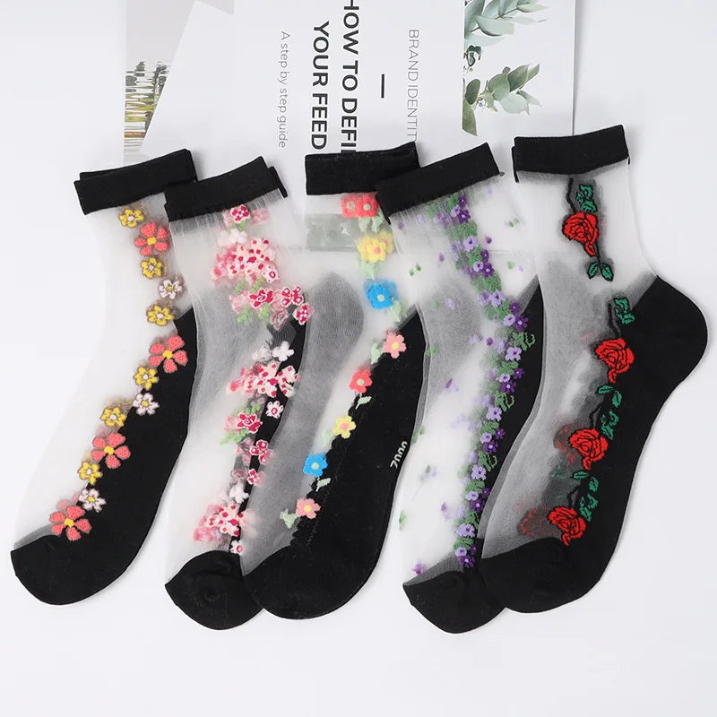 Floral Print Mid Tube Polyester Blend Socks