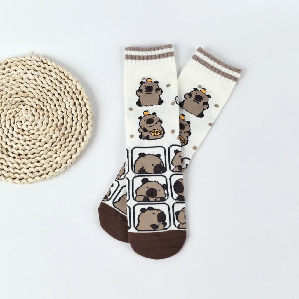 Cotton Blend Capybara Pattern Mid Calf Socks for Women