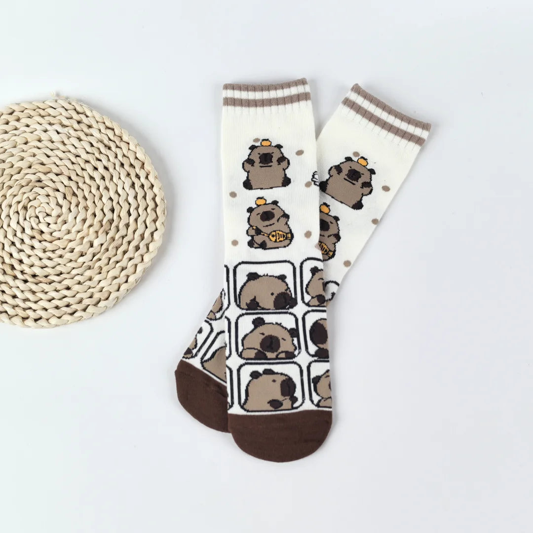 Cotton Blend Capybara Pattern Mid Calf Socks for Women