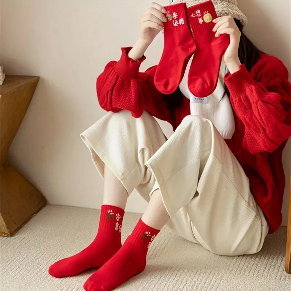 Polyester Mid Tube Socks Printed Lucky Patterns 5 Pairs