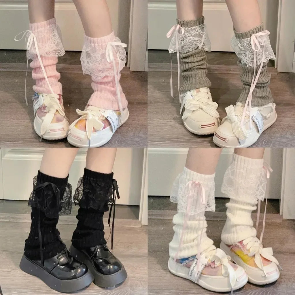 Acrylic Knitted Lace Bow Leg Warmers - 1