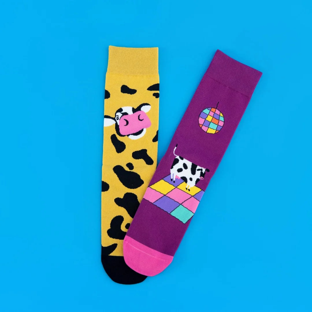 Cotton Blend Mid Calf Cartoon Disco Cow Socks - 5