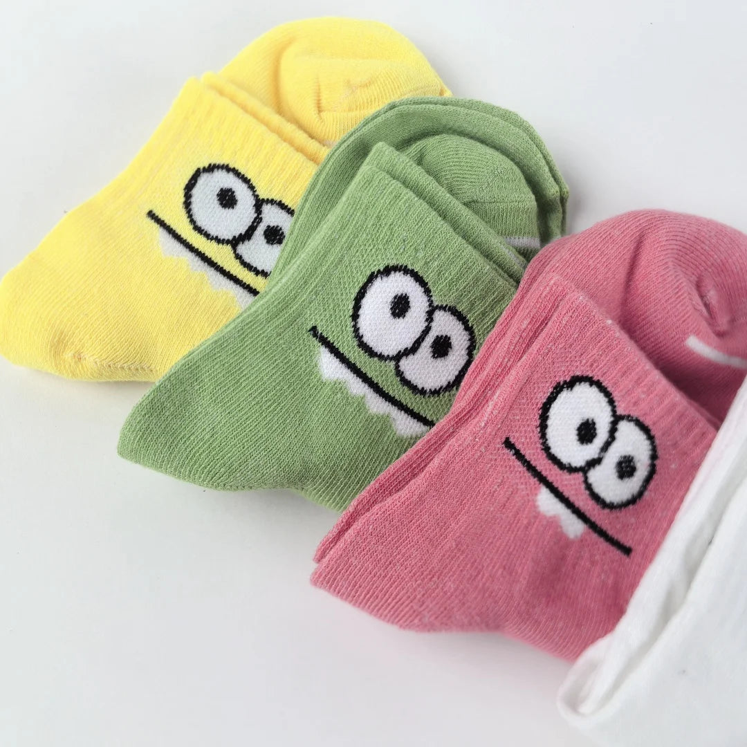 Polyester Elastane Cartoon Face Mid Calf Socks 5 Pairs