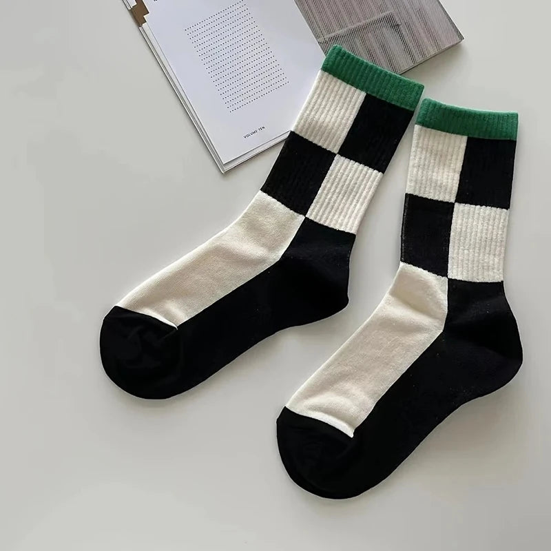 Polyester Elastane Checkerboard Print Casual Middle Tube Socks - 4