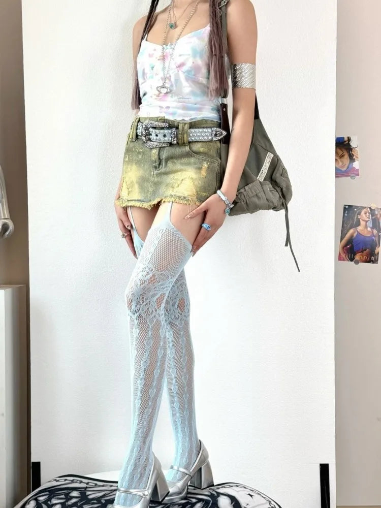 Nylon Elastane Heart Patterned Fishnet Thigh High Stockings