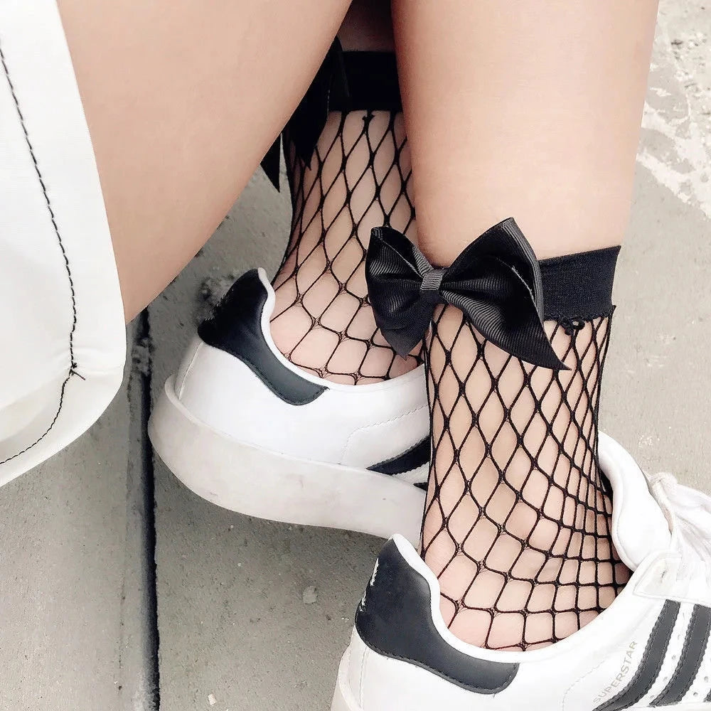 Polyester Nylon Fishnet Bow Ankle Socks