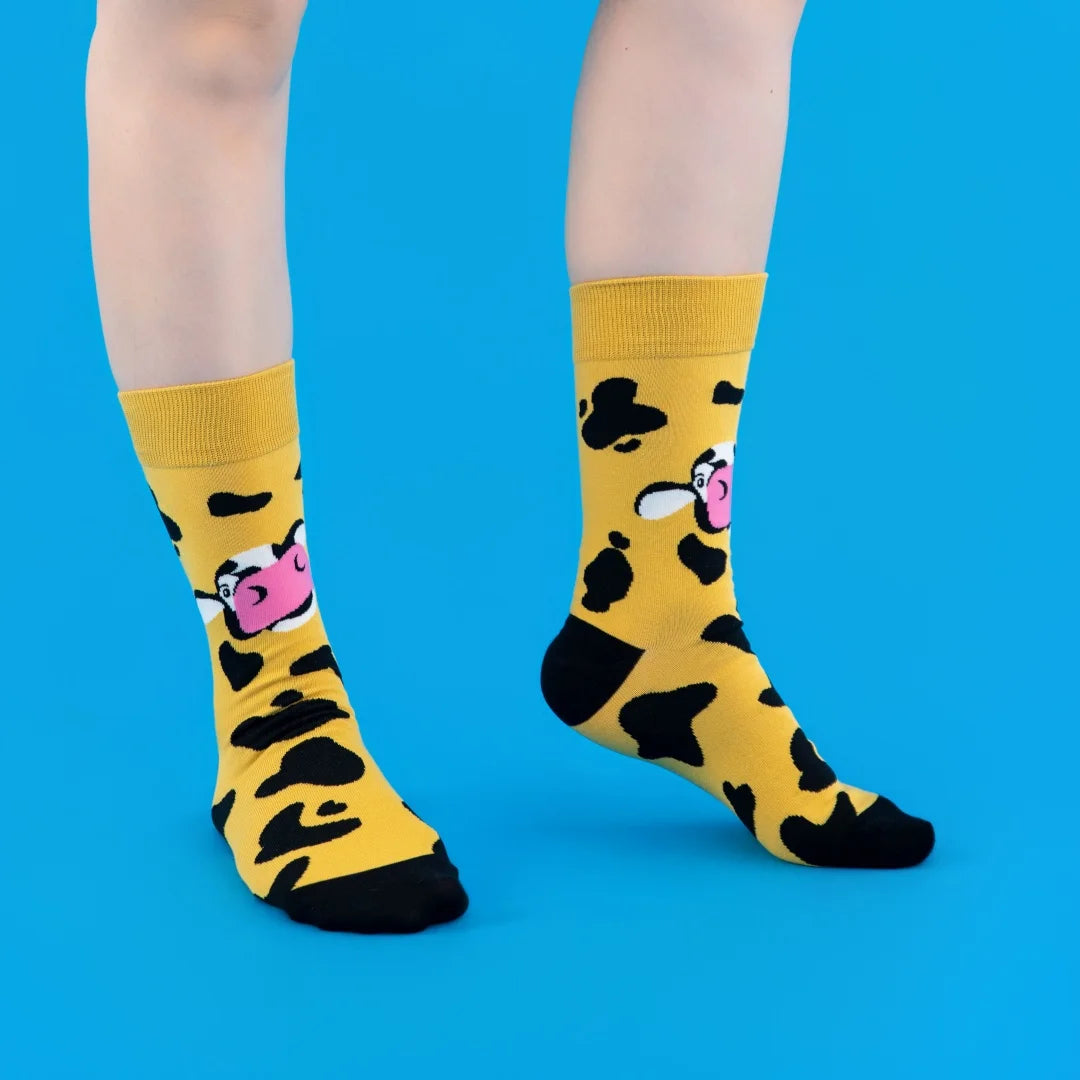 Cotton Blend Disco Cow Pattern Crew Socks