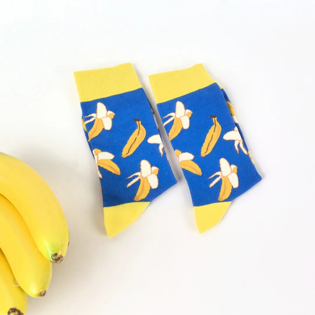 Cotton Blend Banana Print Crew Socks