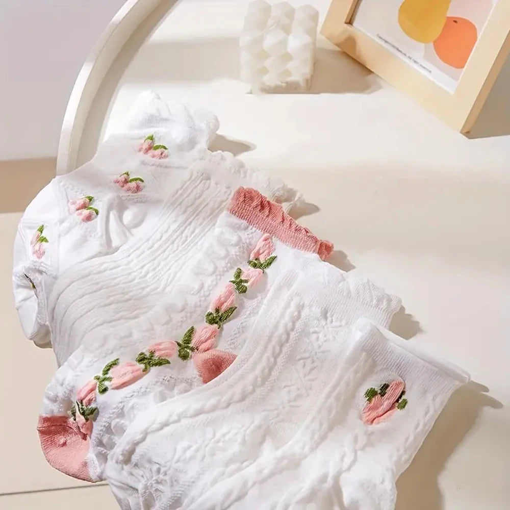 Ruffled Floral Mid Tube Polyester Women Socks 5 Pairs