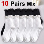 Polyester Elastane Ruffle Trim Mid Tube Socks for Women