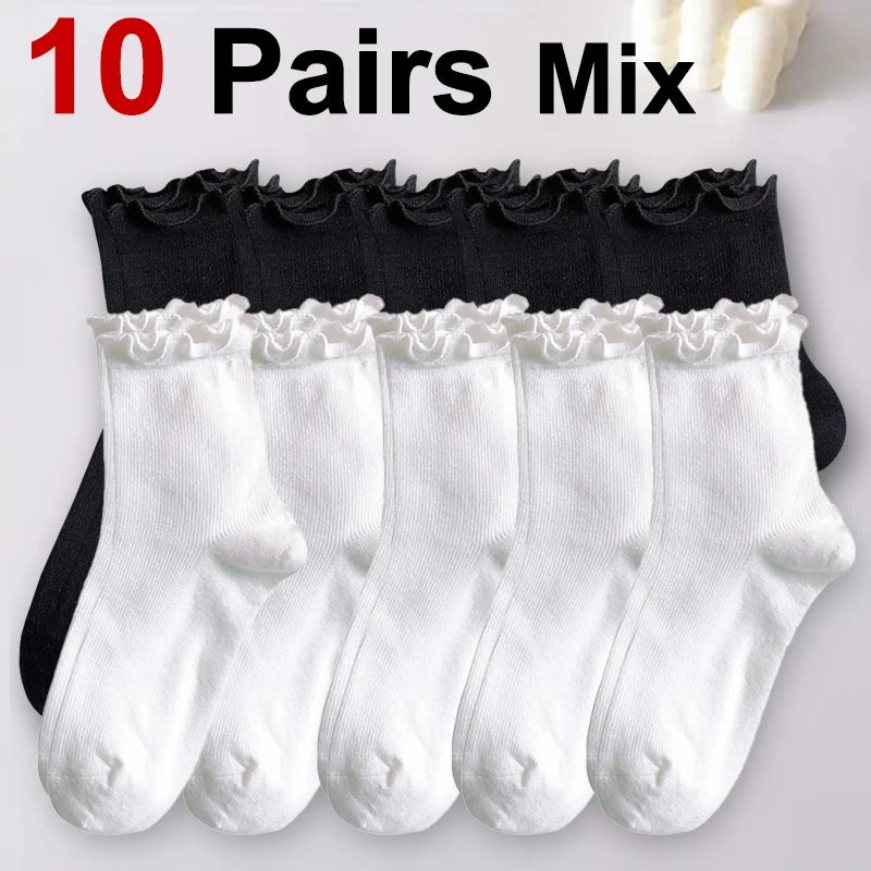Polyester Elastane Ruffle Trim Mid Tube Socks for Women