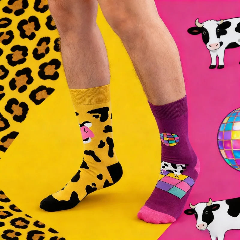 Cotton Blend Cartoon Cow Print Crew Socks