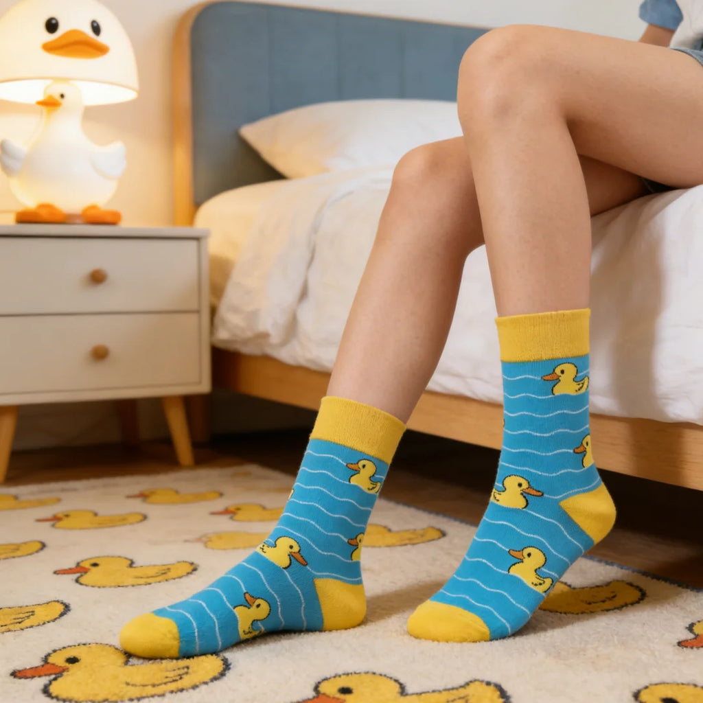 Cotton Blend Yellow Duck Pattern Casual Socks