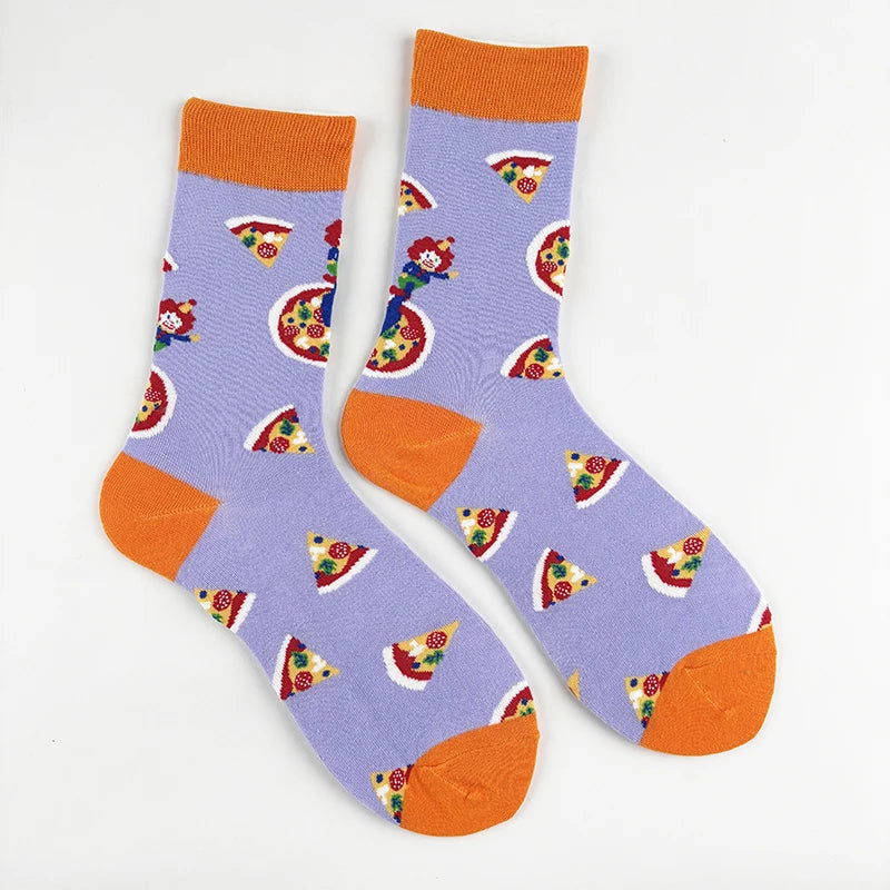 Cotton Blend Clown and Pizza Print Casual Mid Calf Socks - 3