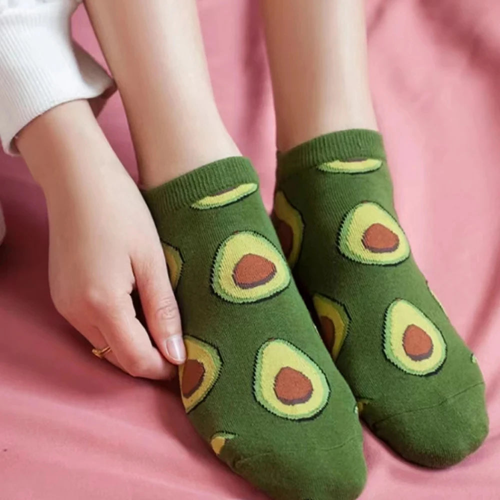 5 Pairs Polyester Avocado Pattern Low Cut Ankle Socks For Women