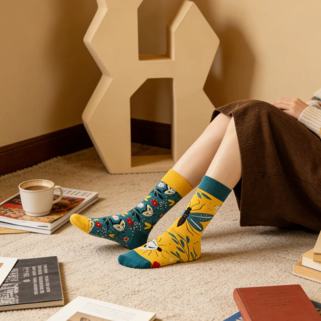 Cotton Blend Floral Butterfly Pattern Asymmetrical Socks