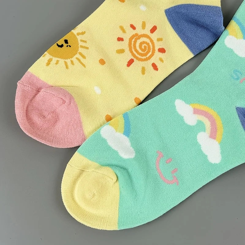 Cotton Blend Rainbow Sunflower Women Casual Crew Socks - 5