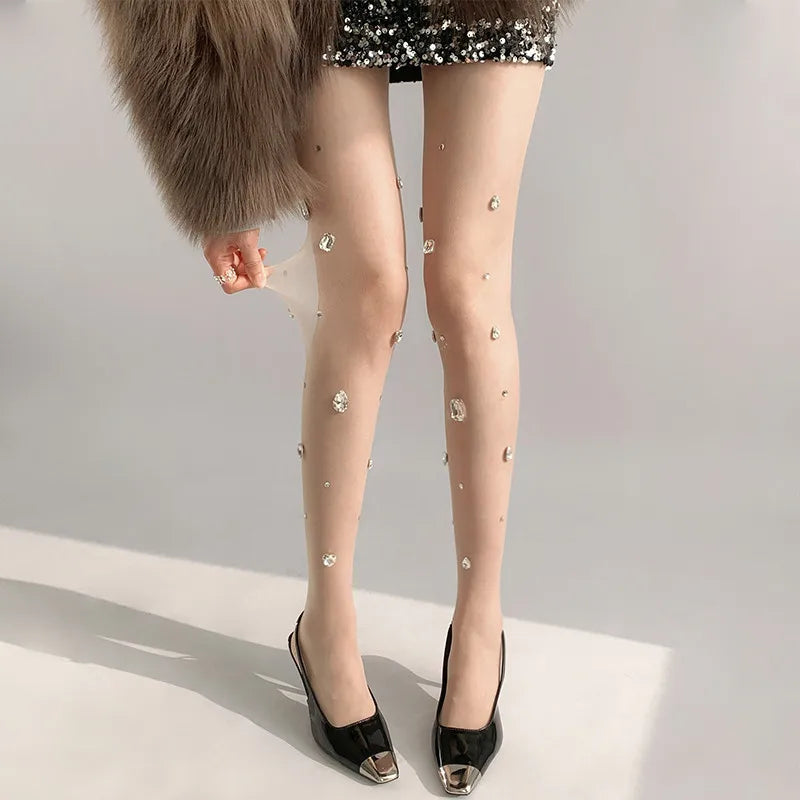 Rhinestone Embellished Nylon Elastic Tights - 12
