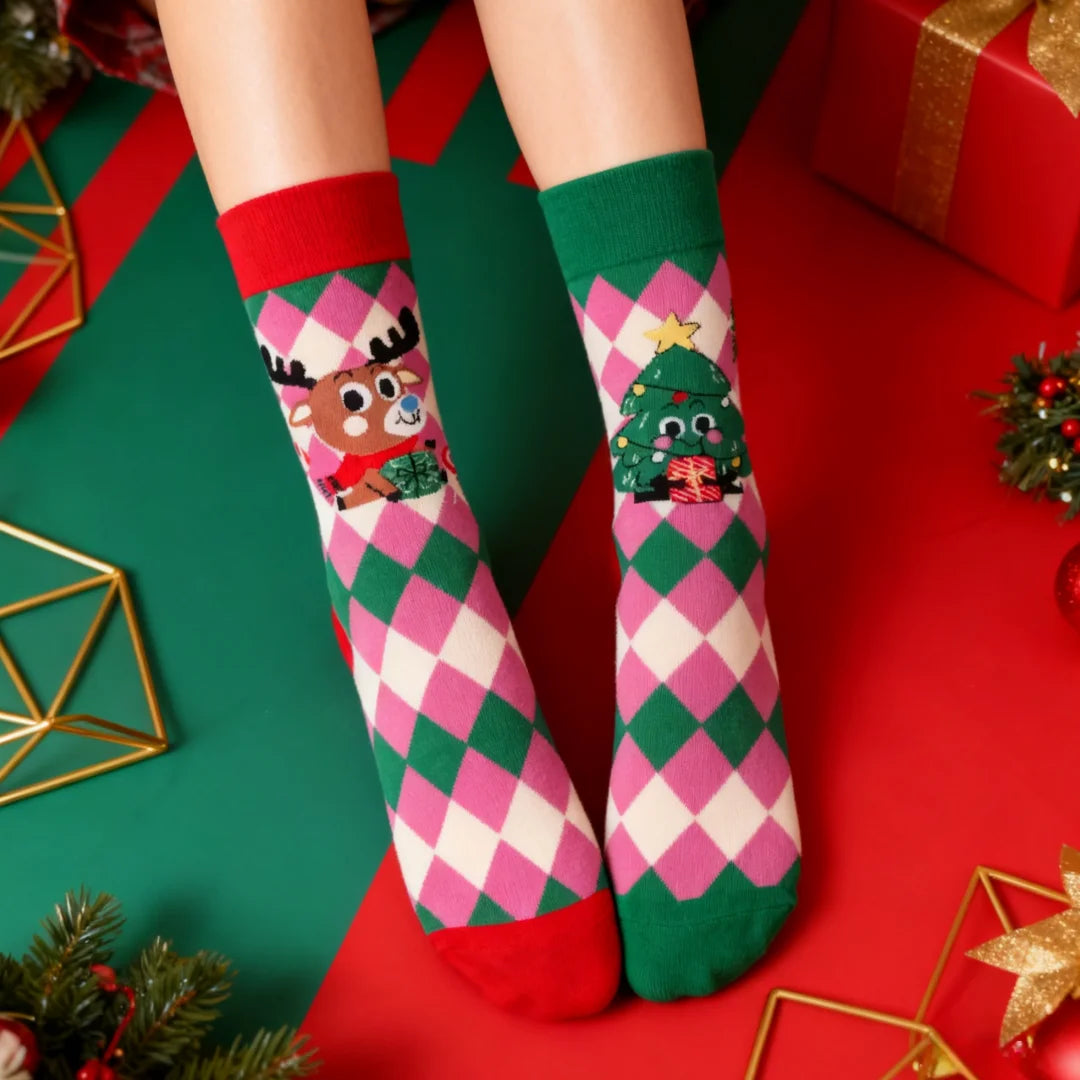 Cotton Blend Christmas Cartoon Pattern Mid Tube Socks - 1