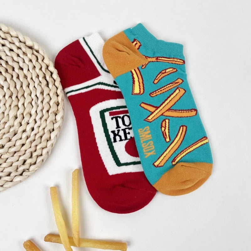 Cotton Blend French Fry and Ketchup Print Unisex Ankle Socks