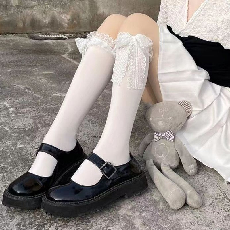 Nylon Lace Bowknot Knee High Socks