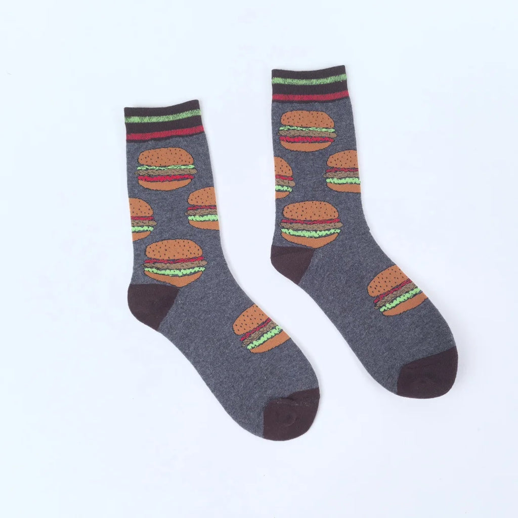 Cotton Blend Mid Calf Burger Print Unisex Socks
